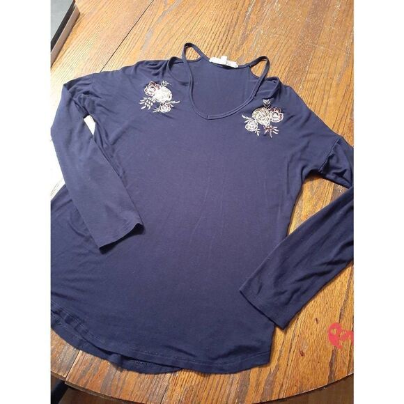 Small Pink Rose Navy Blue Embroidered Flower Cold Shoulder Long Sleeve Top Shirt - Picture 2 of 4